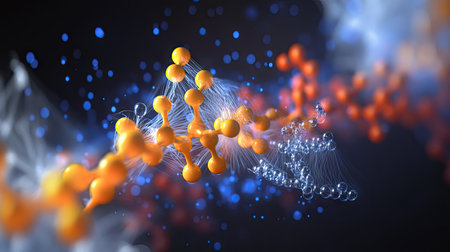 Floating molecular clusters interacting dynamically, with energy waves surrounding them.の素材