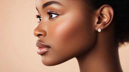 A woman's ear adorned with a minimalist earring, showcasing modern elegance against a simple, soft-colored background.の素材