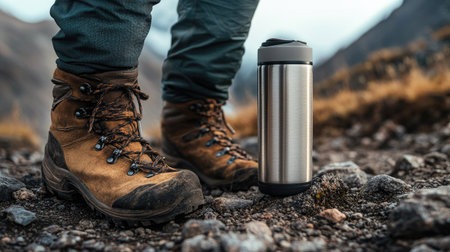 A stainless steel thermos with a matte finish, standing next to a hiking boot on a rocky trail.の素材