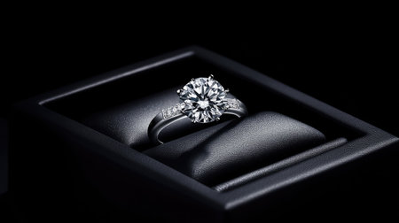 A stunning diamond engagement ring nestled in a black jewelry box, the shine of the diamond catching the light against a simple, elegant background.の素材
