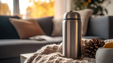 A thermos with a brushed stainless steel finish, sitting on a cozy living room table next to a warm blanket.の素材