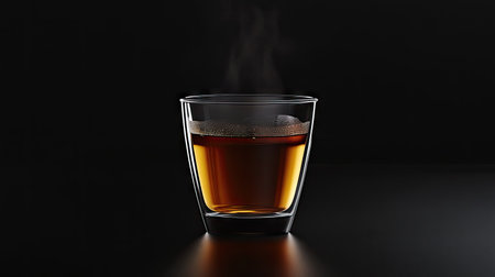 A steaming cup of warm tea in a clear glass, the black glossy backdrop enhancing the rich, comforting feeling of the tea.の素材