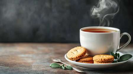 A tea cup with steam rising gracefully, placed on a saucer next to a spoon and a few biscuits.の素材