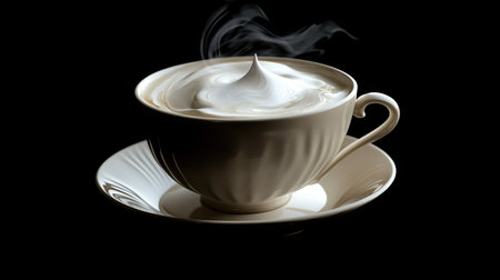A warm cup of coffee with an elegant swirl of cream, set against a dramatic black background.の素材