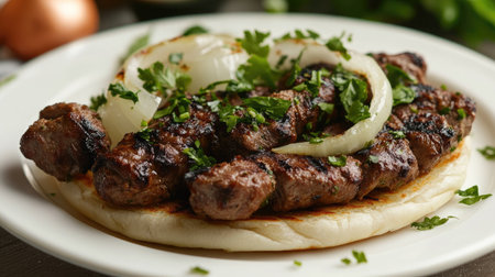 A warm, mouth-watering kebab sandwich with grilled meat, onions, and a fresh topping of herbs, isolated on a white plate.の素材