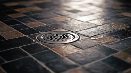 A tiled bathroom floor with multiple small drain covers, part of a professional plumbing system.の素材
