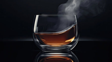 A warm glass of tea with steam curling up, placed on a glossy black background that adds depth and contrast to the scene.の素材