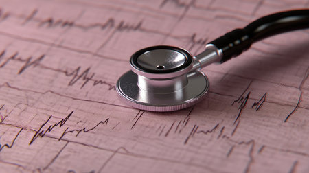 A stethoscope on an EKG printout, symbolizing cardiovascular health and diagnostics.の素材
