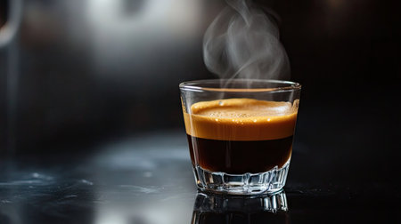A steaming cup of espresso on a glossy black background, the rich aroma rising into the air.の素材