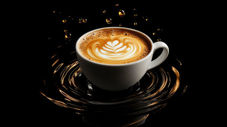 A warm, inviting cup of coffee with latte art on top, set against a glossy black backdrop.の素材