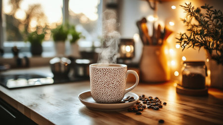 A steaming hot mug of coffee placed on a kitchen counter, surrounded by soft lighting and rustic decor.の素材