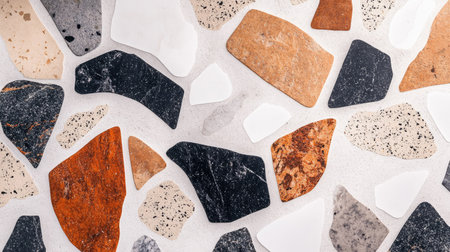 A unique, modern terrazzo texture with speckled stone details in warm and cool tones.の素材