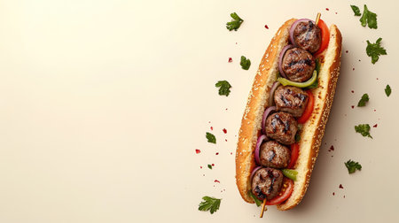 A vibrant kebab sandwich filled with tender skewered meat, fresh tomatoes, and onions, isolated with a neutral background.の素材