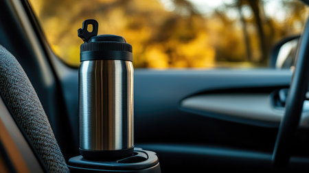 A traveler's stainless steel thermos in a car cup holder, ready for an adventurous road trip.の素材