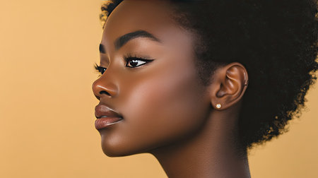 A woman's ear adorned with a minimalist earring, showcasing modern elegance against a simple, soft-colored background.の素材