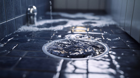 Dirty water backing up from a clogged floor drain in a bathroom, creating a small puddle on the tiles.の素材