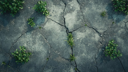 Cracked asphalt with small plants and grass growing through the gaps, showcasing nature's resilience.の素材