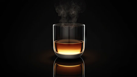 A steaming glass of warm tea on a dark glossy black background, with soft lighting highlighting the steam rising from the cup.の素材