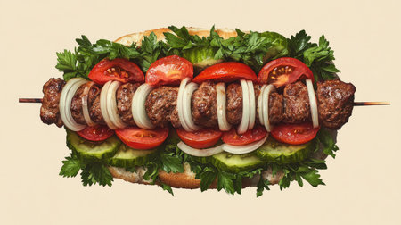 A vibrant kebab sandwich filled with tender skewered meat, fresh tomatoes, and onions, isolated with a neutral background.の素材