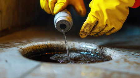 A worker pouring a liquid drain cleaner into a clogged bathroom floor drain, wearing protective gloves.の素材