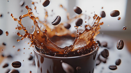 A close-up of coffee splashing out of a cup, with coffee beans floating and scattered, isolated on a white surface.の素材