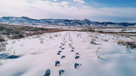 A wide shot of a snow-covered mountain trail with fresh animal footprints leading into the distance.の素材