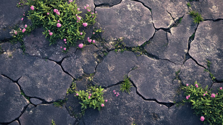 Cracked asphalt with small plants and grass growing through the gaps, showcasing nature's resilience.の素材
