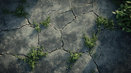 Cracked asphalt with small plants and grass growing through the gaps, showcasing nature's resilience.の素材