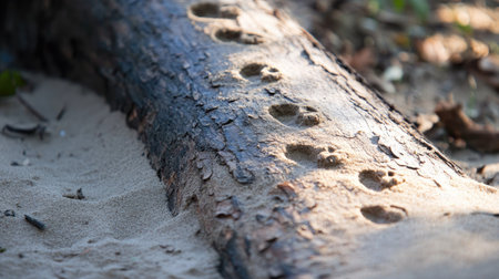 Tiny squirrel footprints scattered across dry sand, disappearing up a tree trunk.の素材