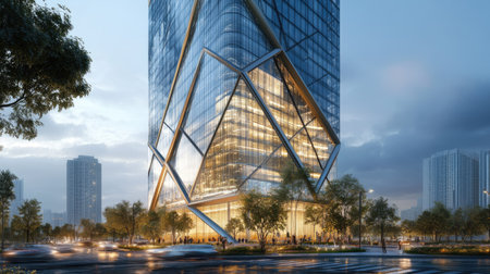A glass skyscraper with a geometric facade, showcasing cutting-edge architectural design.の素材