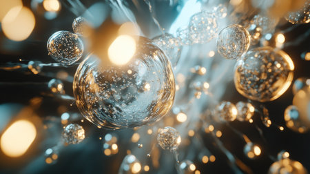 Transparent molecular spheres interconnected in a fluid-like motion, glowing with soft light.の素材
