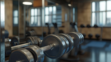 Metal dumbbells on a rack with a mirror reflecting the gym interior in the background.の素材