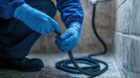 A worker in blue gloves using a plumbing snake to unclog a bathroom floor drain.の素材