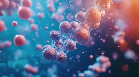 A digital visualization of DNA molecular structures at a microscopic level, floating in a blue space.の素材