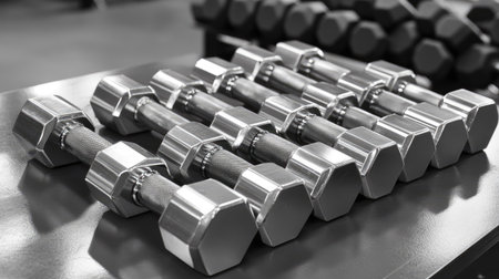 Rows of metal dumbbells with rubber-coated ends, offering a mix of durability and style in gym equipment.の素材
