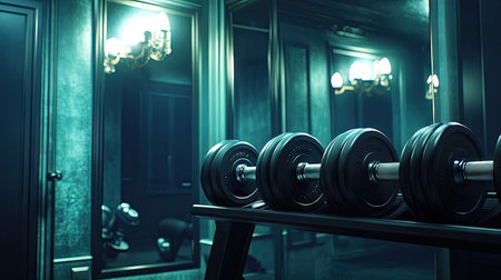 Metal dumbbells on a rack with a mirror reflecting the gym interior in the background.の素材