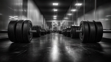 Dumbbells lined up in front of a gym mirror, reflecting symmetry and balance in training.の素材