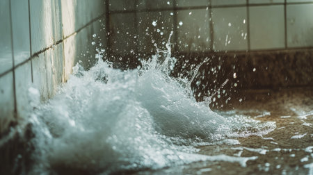 Water gushing from an overflowing bathroom floor drain due to a sewer blockage, creating a mess.の素材
