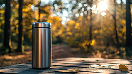 A sleek, modern stainless steel thermos on a picnic table with the background of a forest hike.の素材