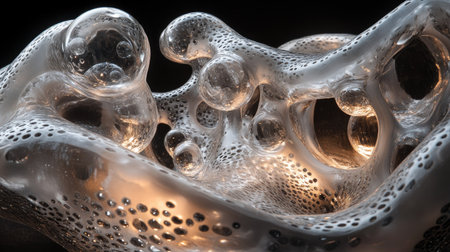 Transparent molecular spheres interconnected in a fluid-like motion, glowing with soft light.の素材