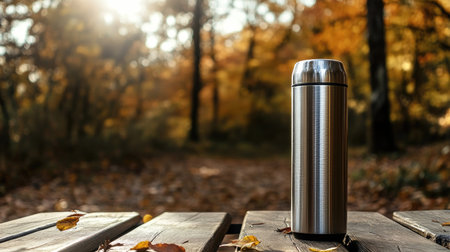A sleek, modern stainless steel thermos on a picnic table with the background of a forest hike.の素材