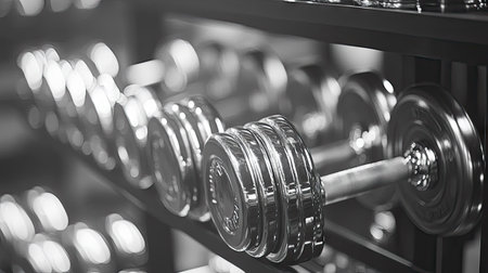 Rows of chrome dumbbells on a black metal rack, with a blurred gym background.の素材