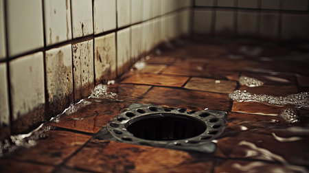 Dirty water backing up from a clogged floor drain in a bathroom, creating a small puddle on the tiles.の素材