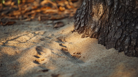 Tiny squirrel footprints scattered across dry sand, disappearing up a tree trunk.の素材
