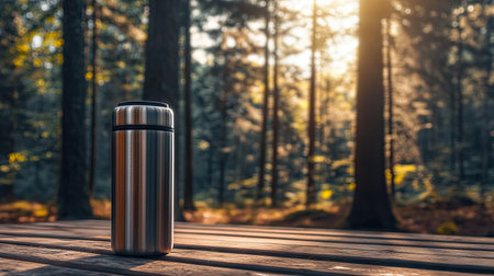 A sleek, modern stainless steel thermos on a picnic table with the background of a forest hike.の素材