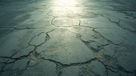 A cracked asphalt parking lot with deep fissures and wear visible under the midday sun.の素材