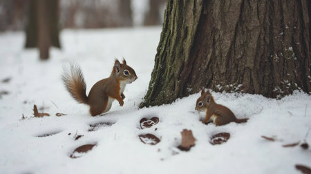 Tiny squirrel footprints scattered across the snow, disappearing up a tree.の素材