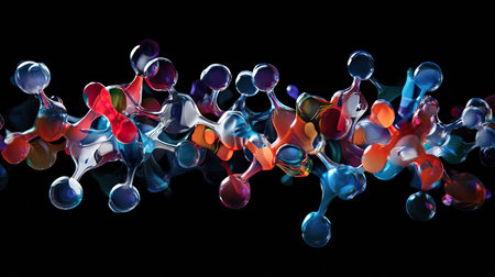 Molecules forming complex chemical bonds, shown in a high-tech futuristic design.の素材