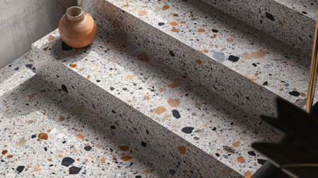 A unique, modern terrazzo texture with speckled stone details in warm and cool tones.の素材