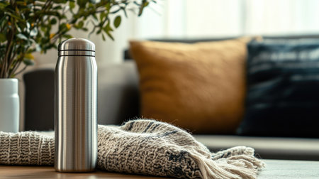 A thermos with a brushed stainless steel finish, sitting on a cozy living room table next to a warm blanket.の素材